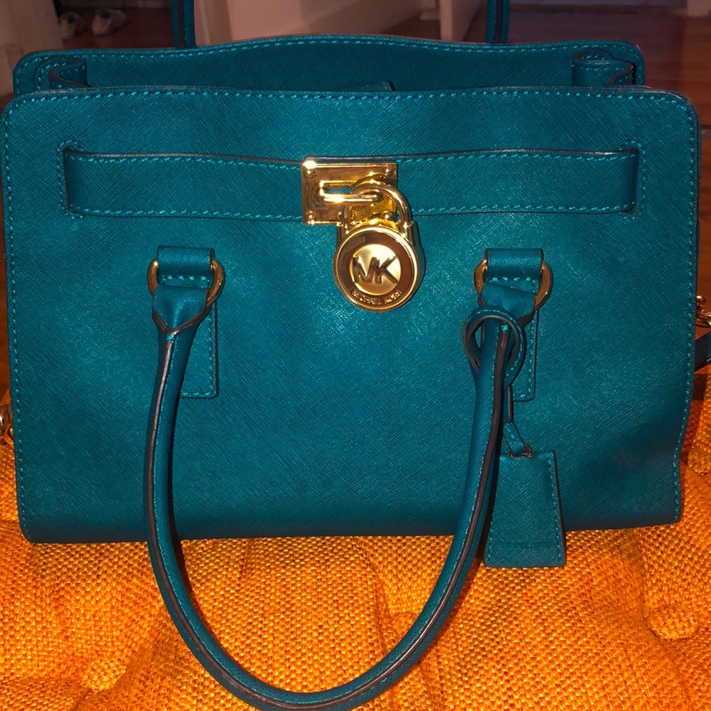 Micheal Kors teal saffiano leather satchel